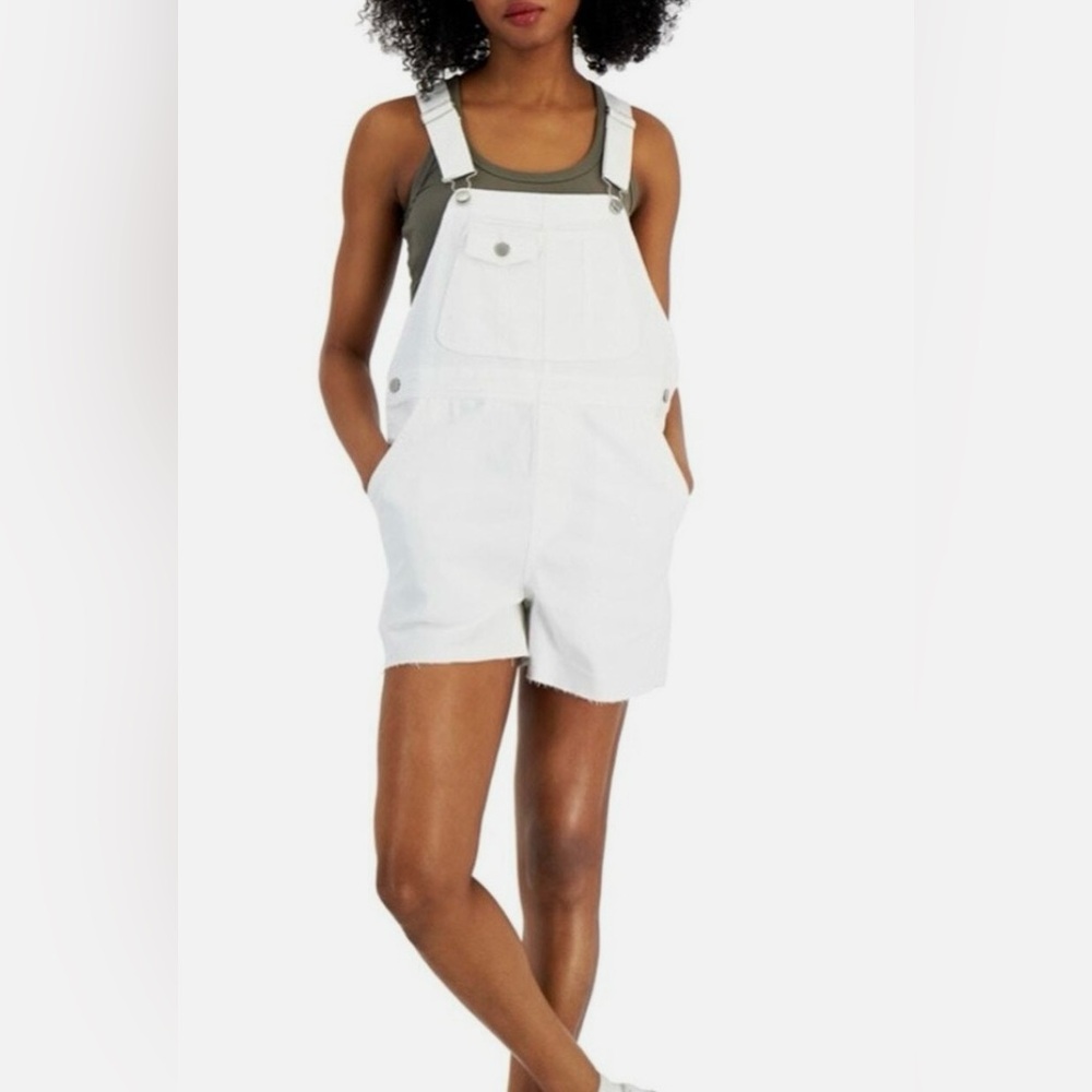 Tinseltown White Raw Hem Denim Shortall Bib Cotton Overalls Size Large